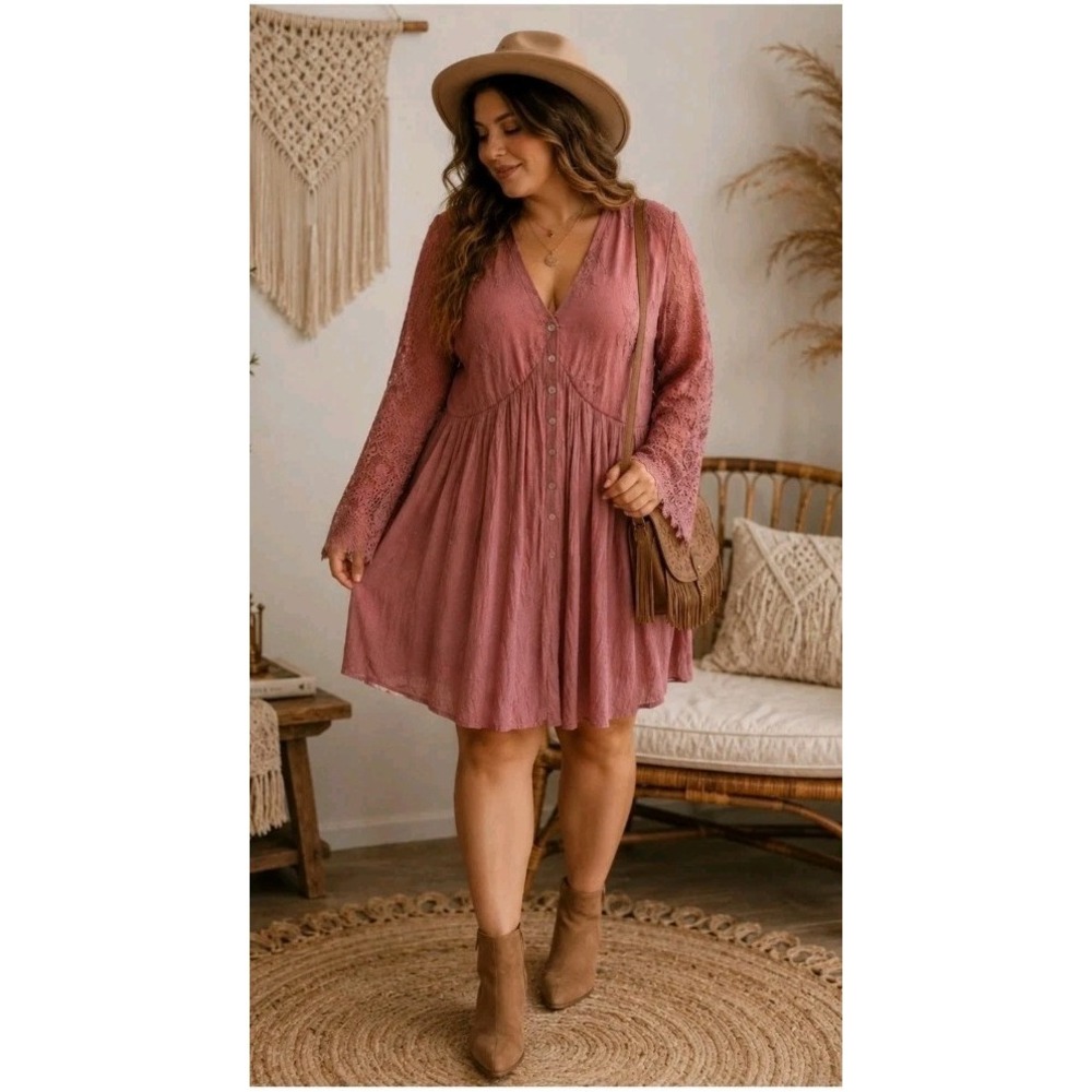 NWT Bella Ella Boutique women's Boho Pink Dress  Lace Dusty Rose Cottage Core L